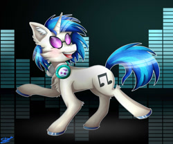 Size: 1280x1067 | Tagged: safe, artist:starblossom15, dj pon-3, vinyl scratch, pony, unicorn, g4, blush lines, blushing, colored hooves, colored pinnae, equalizer, female, fluffy, glasses, gradient background, hoof polish, horn, mare, open mouth, open smile, outline, raised hoof, shiny hooves, signature, smiling, solo, trotting, turned head, vinyl's glasses