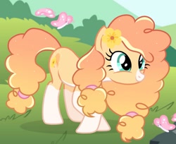 Size: 1493x1220 | Tagged: safe, artist:cstrawberrymilk, oc, oc only, oc:sunrise butter, butterfly, earth pony, pony, g4, female, mare, not pear butter, show accurate, solo