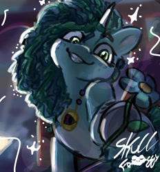 Size: 2007x2160 | Tagged: safe, artist:skullfroggy, misty brightdawn, pony, unicorn, g5, my little pony: make your mark, my little pony: tell your tale, amulet, creepy, creepy smile, flower, freckles, horn, jewelry, lightning, looking at you, shading, signature, smiling, smiling at you, two toned mane, unshorn fetlocks
