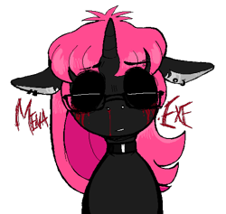 Size: 493x468 | Tagged: safe, artist:dsstoner, oc, oc only, pony, undead, unicorn, vampire, vampony, .exe, blood, choker, crying, female, glasses, horn, mare, nosebleed, piercing, simple background, solo, tears of blood, transparent background