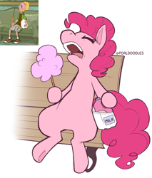 Size: 3095x3625 | Tagged: safe, artist:porldraws, pinkie pie, earth pony, pony, g4, bench, cotton candy, meme, milk, phineas and ferb, reference used, simple background, sleeping, snoring, solo, white background