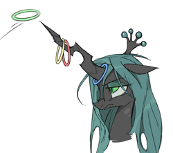 Size: 2228x1972 | Tagged: safe, artist:6ji5z6gmst1j2vs, queen chrysalis, changeling, changeling queen, g4, crown, eyeshadow, female, floppy ears, frown, jewelry, makeup, mundane utility, queen chrysalis is not amused, regalia, ring toss, simple background, solo, unamused, white background