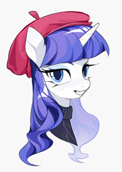 Size: 1446x2048 | Tagged: safe, artist:6ji5z6gmst1j2vs, rarity, pony, unicorn, g4, beatnik rarity, beret, bust, clothes, female, grin, hat, horn, looking at you, mare, simple background, smiling, smiling at you, solo, sweater, turtleneck, white background