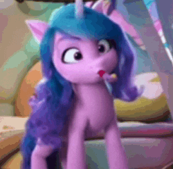 Size: 322x316 | Tagged: safe, screencap, izzy moonbow, pony, unicorn, g5, missing the mark, my little pony: make your mark, my little pony: make your mark chapter 4, spoiler:g5, spoiler:my little pony: make your mark, spoiler:my little pony: make your mark chapter 4, spoiler:mymc04e07, animated, bedroom, blowing, crystal brighthouse, cute, female, gif, horn, izzy is best facemaker, izzybetes, mare, party horn