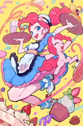 Size: 3672x5556 | Tagged: safe, artist:nainaier007, pinkie pie, human, equestria girls, g4, apron, cake, candy, clothes, confetti, cupcake, dress, drink, eyes closed, food, hat, heart, milkshake, open mouth, pancakes, self paradox, self ponidox, shoes, simple background, sneakers, strawberry, streamers, tray, waffle, yellow background