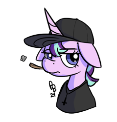 Size: 439x460 | Tagged: safe, artist:ponballoon, starlight glimmer, unicorn, g4, cap, clothes, drugs, hat, horn, joint, marijuana, shirt, simple background, solo, t-shirt, transparent background