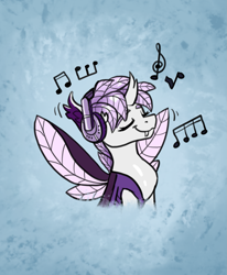 Size: 1551x1883 | Tagged: safe, artist:helmie-art, oc, oc:elytra, changedling, changeling, changedling oc, changeling oc, headphones, music notes, pink changeling, white changeling