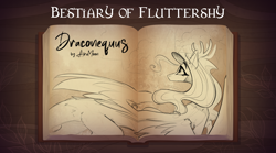 Size: 2996x1668 | Tagged: safe, artist:alrumoon_art, fluttershy, draconequus, collaboration:bestiary of fluttershy, g4, book, collaboration, female, looking away, mare, monochrome, race swap, sketch, solo
