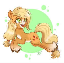 Size: 1250x1227 | Tagged: safe, artist:galaxy swirl, applejack, earth pony, pony, g4, abstract background, alternate design, blaze (coat marking), circle background, coat markings, eyebrows, eyebrows visible through hair, facial markings, female, freckles, hairband, mare, open mouth, open smile, pale belly, smiling, solo, unshorn fetlocks
