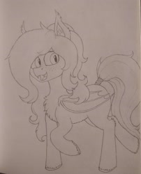 Size: 2856x3529 | Tagged: safe, artist:curly horse, oc, oc:umbra glow, bat pony, chest fluff, female, fluffy, freckles, happy, mare, pencil drawing, sketch, smiling, tail, tail wrap, traditional art