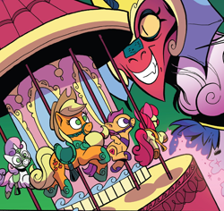 Size: 1126x1063 | Tagged: safe, artist:andypriceart, idw, apple bloom, applejack, cosmos, scootaloo, sweetie belle, earth pony, pegasus, pony, unicorn, spoiler:comic, spoiler:comic78, apple bloom's bow, apple sisters, applejack's hat, bow, carousel, cosmageddon, cowboy hat, cropped, cutie mark crusaders, evil grin, female, filly, foal, grin, hair bow, hat, horn, horn ring, inanimate tf, mare, merry-go-round, ring, saddle, siblings, sisters, smiling, stirrups, tack, transformation