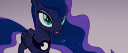 Size: 1920x804 | Tagged: safe, screencap, princess luna, alicorn, pony, g4, my little pony: the movie, chestplate, collar, crown, ethereal mane, eyeshadow, female, folded wings, galaxy mane, galaxy tail, jewelry, lidded eyes, luna's collar, makeup, mare, princess luna's cutie mark, regalia, solo, wings, wings down