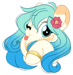 Size: 1324x1357 | Tagged: safe, artist:emberslament, oc, oc only, oc:seascape, earth pony, pony, coat markings, cute, doodle, earth pony oc, female, flower, flower in hair, gradient mane, heart, heart eyes, mare, mottled coat, one eye closed, simple background, tongue out, transparent background, wingding eyes, wink