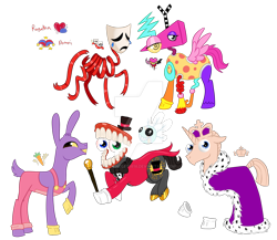 Size: 1920x1664 | Tagged: safe, artist:moondeer1616, earth pony, original species, pegasus, unicorn, ambiguous gender, bubble (tadc), caine (tadc), clothes, crown, crying, cutie mark, deviantart watermark, female, gangle, gloves, horn, jax (tadc), jewelry, kinger, male, mask, obtrusive watermark, raised hoof, regalia, ribbon, simple background, tail, teeth, the amazing digital circus, transparent background, watermark, zooble