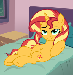 Size: 2374x2410 | Tagged: safe, artist:shieldwingarmorofgod, sunset shimmer, unicorn, g4, bed, bedroom eyes, female, horn, smiling, solo, stupid sexy sunset shimmer, sultry pose
