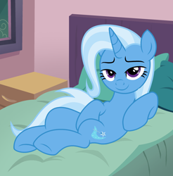 Size: 2374x2410 | Tagged: safe, artist:shieldwingarmorofgod, trixie, unicorn, g4, bed, bedroom, bedroom eyes, horn, smiling, solo, stupid sexy trixie, sultry pose