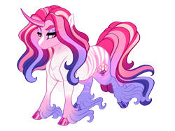 Size: 3600x2700 | Tagged: safe, artist:gigason, oc, oc only, oc:showtime, pony, unicorn, cloven hooves, coat markings, colored hooves, colored pinnae, curved horn, eyebrow slit, eyebrows, eyeshadow, facial markings, female, gradient legs, gradient mane, gradient tail, hoof polish, horn, lidded eyes, long feather, long fetlocks, looking down, magenta eyes, magical lesbian spawn, makeup, mare, mismatched hooves, obtrusive watermark, offspring, parent:cayenne, parent:oc:whispering wave, parents:canon x oc, raised hoof, shiny hooves, shiny horn, simple background, solo, stripe (coat marking), stripes, tail, transparent background, unicorn oc, unshorn fetlocks, watermark