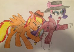 Size: 2840x2007 | Tagged: safe, artist:mlptmntfan2000, rarity, oc, oc:firey ratchet, pegasus, pony, unicorn, g4, clothes, detective, detective rarity, fedora, female, hat, horn, magnifying glass, male, sketch, trenchcoat