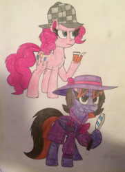 Size: 761x1050 | Tagged: safe, artist:mlptmntfan2000, pinkie pie, oc, oc:princess kincade, alicorn, earth pony, pony, g4, bubble pipe, clothes, deerstalker, detective, duo, duo female, fedora, female, hat, magnifying glass, pipe, sherlock holmes, sherlock pie, sketch, traditional art, trenchcoat