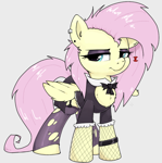 Size: 866x872 | Tagged: safe, artist:whiskeypanda, fluttershy, pegasus, pony, g4, /mlp/, aggie.io, armband, bow, clothes, cutout, drawthread, eyeshadow, female, fluttergoth, frown, garter belt, goth, jewelry, looking at you, makeup, ripped stockings, simple background, stockings, thigh highs, torn clothes