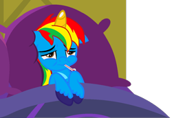 Size: 1048x720 | Tagged: safe, artist:shieldwingarmorofgod, oc, oc only, oc:shield wing, alicorn, bed, blanket, male, pillow, sick, simple background, solo, thermometer, transparent background