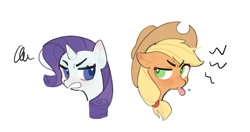 Size: 1893x999 | Tagged: safe, artist:pitaya, applejack, rarity, earth pony, pony, unicorn, angry, bust, female, horn, mare, portrait, simple background, tongue out, white background