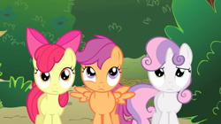 Size: 1302x731 | Tagged: safe, screencap, apple bloom, scootaloo, sweetie belle, earth pony, pegasus, pony, unicorn, g4, the show stoppers, cutie mark crusaders, female, horn, trio, trio female