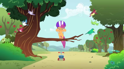 Size: 1295x725 | Tagged: safe, scootaloo, g4, female, scootaloo's scooter, tree