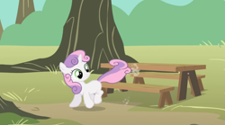 Size: 1301x725 | Tagged: safe, screencap, sweetie belle, pony, unicorn, g4, the show stoppers, female, horn, picnic table, solo, sweepy belle, table