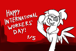 Size: 1822x1238 | Tagged: safe, artist:moonatik, oc, oc only, oc:moonatik, pegasus, pony, goggles, goggles on head, hair bun, international workers' day, limited palette, male, may day, one eye closed, pegasus oc, raised hoof, smiling, solo, stallion, wink