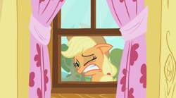 Size: 1303x722 | Tagged: safe, screencap, applejack, pony, g4, the show stoppers, apple, apple tree, applejack is best facemaker, clubhouse, crusaders clubhouse, female, gritted teeth, one eye closed, solo, teeth, tree, window