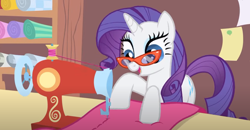 Size: 1296x672 | Tagged: safe, screencap, rarity, unicorn, g4, suited for success, female, glasses, horn, rarity's glasses, sewing, sewing machine, solo