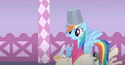Size: 1298x675 | Tagged: safe, screencap, rainbow dash, pegasus, pony, g4, season 1, suited for success, bucket, carousel boutique, female, mannequin, solo