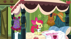 Size: 1302x722 | Tagged: safe, screencap, apple bloom, earth pony, pony, g4, one bad apple, bed, clothes, female, filly, foal, shirt, solo
