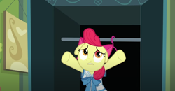 Size: 1310x682 | Tagged: safe, screencap, apple bloom, earth pony, g4, one bad apple, closet, clothes hanger, female, solo