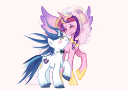 Size: 2048x1444 | Tagged: safe, artist:rosekki, princess cadance, shining armor, alicorn, pony, unicorn, g4, blush lines, blushing, bowtie, clothes, dress, duo, eyes closed, female, height difference, horn, looking at each other, looking at someone, male, mare, meme, ship:shiningcadance, shipping, simple background, slender, smiling, smiling at each other, stallion, straight, tall, the bride and the ugly ass groom, thin, toy interpretation, unshorn fetlocks, veil, wedding dress, wedding veil, white background