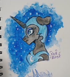 Size: 2225x2453 | Tagged: safe, artist:nullkunstt, nightmare moon, alicorn, pony, g4, bust, ethereal mane, female, floppy ears, frown, helmet, high res, mare, peytral, profile, signature, solo, starry mane, traditional art