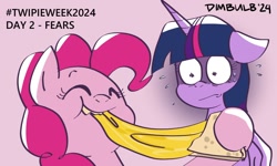 Size: 1092x654 | Tagged: safe, artist:dimbulb, pinkie pie, twilight sparkle, alicorn, earth pony, pony, g4, cheese, duo, eating, fear, female, floppy ears, food, lesbian, nervous sweat, quesadilla, ship:twinkie, shipping, sweat, sweatdrop, sweatdrops, sweating profusely, they're just so cheesy, turophobia, twilight sparkle (alicorn)