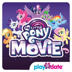 Size: 512x512 | Tagged: safe, playdate digital, applejack, fluttershy, pinkie pie, rainbow dash, rarity, spike, twilight sparkle, alicorn, dragon, earth pony, pegasus, pony, unicorn, g4, my little pony: the movie, my little pony: the movie (app), official, app icon, applejack's hat, cowboy hat, female, flying, hat, horn, looking at you, male, mane seven, mane six, mare, my little pony logo, open mouth, open smile, smiling, spread wings, twilight sparkle (alicorn), wings