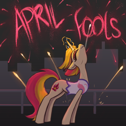 Size: 3000x3000 | Tagged: safe, artist:t72b, fire flare, pony, unicorn, art pack:flare mares, g4, april fools, april fools 2024, april fools joke, blouse, city, eyes closed, female, fireworks, horn, magic, makeup, mare, railing, slender, sternocleidomastoid, thin