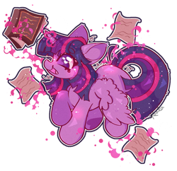 Size: 827x802 | Tagged: safe, artist:browniiponii, twilight sparkle, alicorn, g4, book, chibi, female, glowing, glowing horn, horn, levitation, looking at something, magic, magic aura, mare, open mouth, paper, raised hoof, simple background, smiling, solo, spread wings, stars, telekinesis, transparent background, twilight sparkle (alicorn), wings