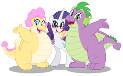 Size: 1920x1189 | Tagged: safe, artist:aleximusprime, rarity, spike, oc, oc:buttercream the dragon, dragon, pony, unicorn, flurry heart's story, bipedal, commission, dragon oc, dragoness, ear piercing, earring, fat, fat spike, female, glasses, hand on shoulder, horn, hug, jewelry, looking at you, mare, non-pony oc, older, older rarity, older spike, open mouth, piercing, simple background, smiling, transparent background