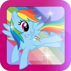Size: 950x950 | Tagged: safe, e-dantès, rainbow dash, pegasus, pony, g4, my little pony – les histoires interactives à lire ou à écouter, official, app icon, female, flying, mare, open mouth, solo, sparkles, spread wings, stock vector, tail, wings