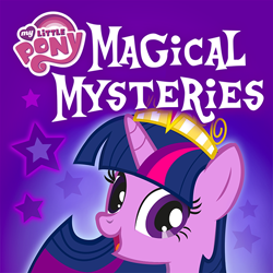 Size: 512x512 | Tagged: dead source, safe, eaglemoss, twilight sparkle, alicorn, pony, g4, my little pony magical mysteries, official, app icon, bust, crown, female, horn, jewelry, looking at you, mare, my little pony logo, open mouth, open smile, portrait, regalia, smiling, solo, stars, twilight sparkle (alicorn)
