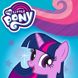 Size: 1024x1024 | Tagged: safe, eaglemoss, twilight sparkle, alicorn, pony, unicorn, g4, my little pony colouring adventures, official, app icon, bust, female, horn, looking at you, mare, my little pony logo, open mouth, open smile, portrait, smiling, solo, sparkles, stars, twilight sparkle (alicorn), unicorn twilight
