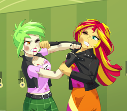 Size: 1200x1050 | Tagged: safe, artist:riouku, cherry crash, sunset shimmer, human, equestria girls, g4, angry, arms, black eye, blood, breasts, bruised, bust, canterlot high, catfight, clothes, commission, duo, duo female, female, fight, fingers, fist, gritted teeth, hallway, hand, injured, leather jacket, leather vest, lockers, long hair, long sleeves, nosebleed, one eye closed, plaid skirt, punch, ryona, school, short sleeves, skirt, teenager, teeth, top, vest