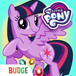 Size: 1024x1024 | Tagged: safe, budge studios, twilight sparkle, alicorn, pony, g4, my little pony: harmony quest, official, app, app icon, female, gem, gemstones, horn, logo, looking at you, mare, my little pony logo, rearing, solo, spread wings, tail, twilight sparkle (alicorn), wings