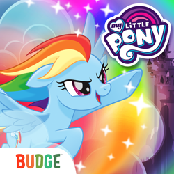 Size: 1024x1024 | Tagged: safe, budge studios, rainbow dash, pegasus, pony, g4, my little pony rainbow runners, my little pony: the movie, app, app icon, female, flying, logo, mare, my little pony logo, open mouth, open smile, rainbow, smiling, solo, spread wings, wings