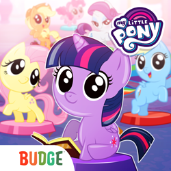 Size: 1024x1024 | Tagged: safe, budge studios, applejack, fluttershy, pinkie pie, rainbow dash, rarity, twilight sparkle, alicorn, pony, g4, my little pony pocket ponies, official, app, app icon, applejack's hat, book, cowboy hat, eyeshadow, female, folded wings, hat, horn, lidded eyes, logo, looking at you, makeup, mane six, mare, my little pony logo, open mouth, open smile, pocket ponies, raised hoof, smiling, spread wings, tail, twilight sparkle (alicorn), wings