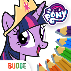 Size: 1024x1024 | Tagged: safe, budge studios, twilight sparkle, alicorn, pony, g4, my little pony color by magic, official, the last problem, app icon, black outlines, colored pencils, crown, female, horn, jewelry, mobile game, my little pony logo, open mouth, open smile, regalia, simple background, smiling, solo, twilight sparkle (alicorn), video game, white background
